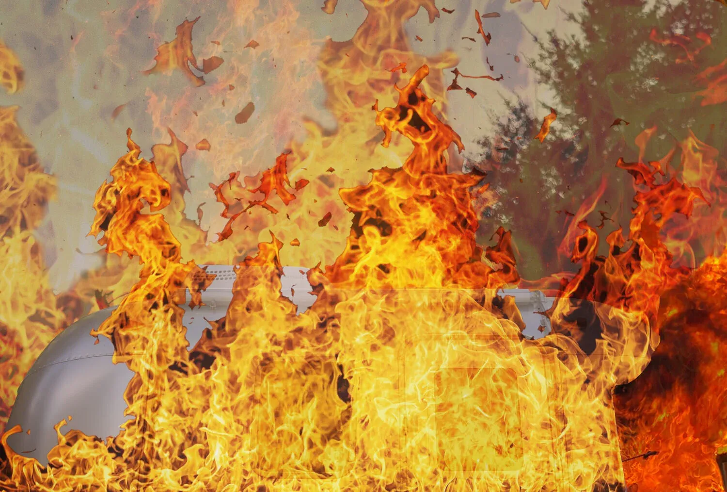 Airstream engulfed in flames.